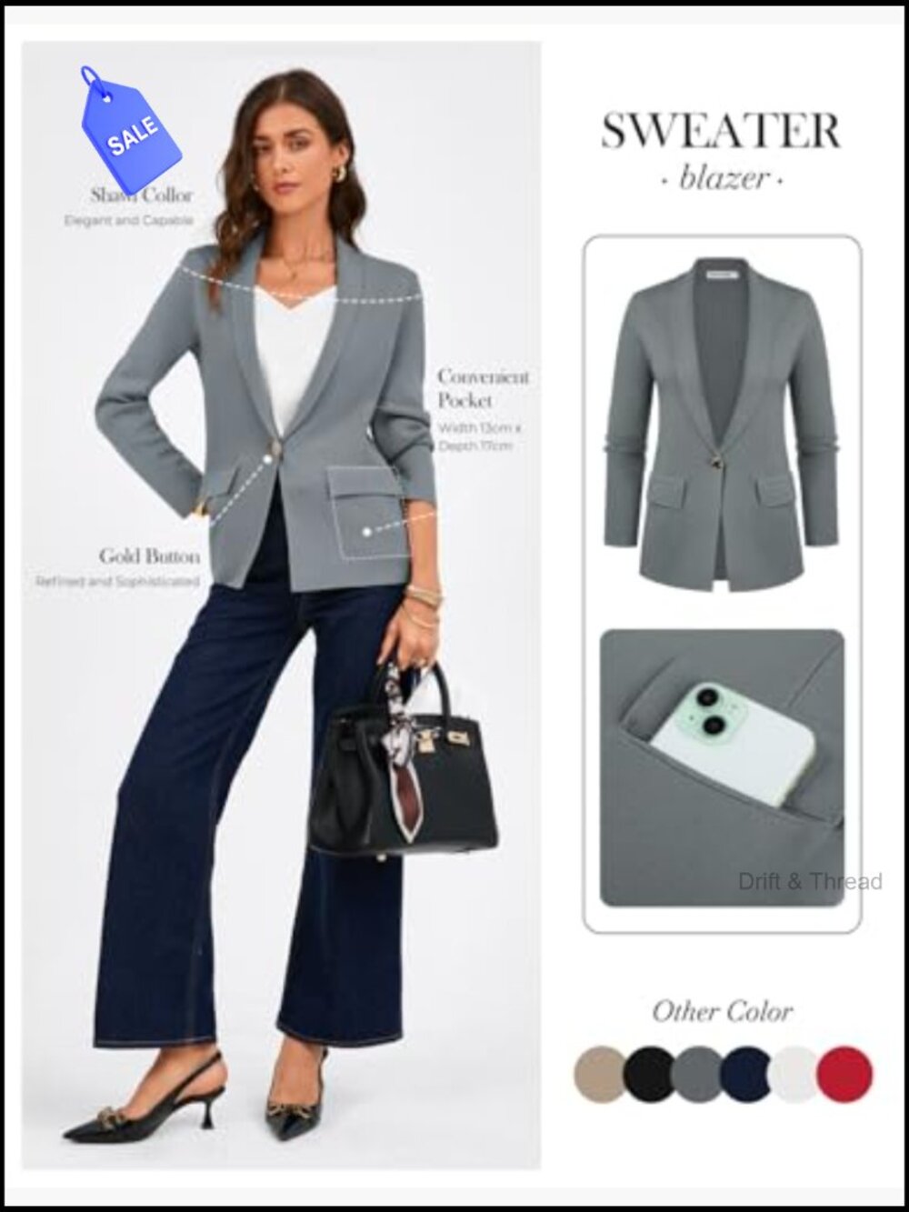 Lightweight Knit Blazer, Business Casual, Long Sleeve, V-Neck, Regular Fit - Picture 2 of 7
